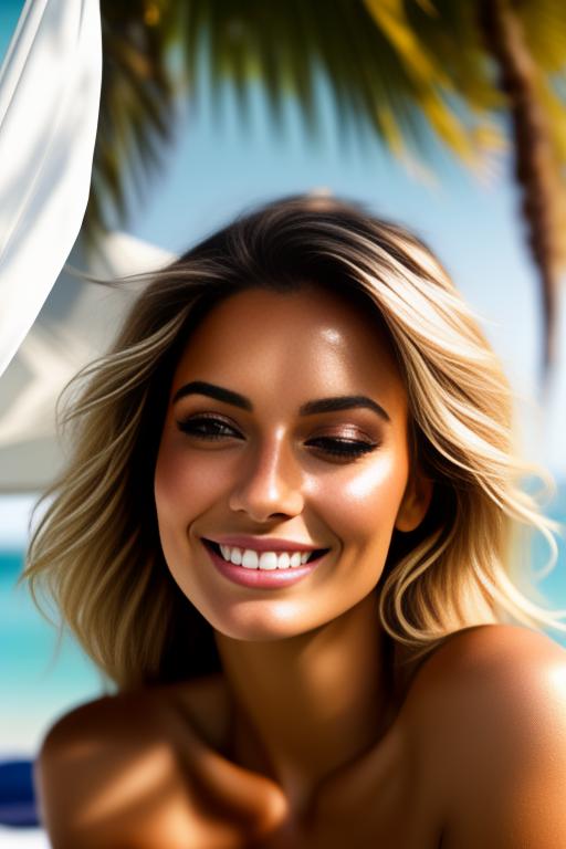 Hyper close up, parasol, black beach towel, tan top model, hairs, smile open mouth, topless, laying down ( eyes closed, )(stretching), nbr_models_two Two Top Models, nbr_models_three Three Top Models, ethnicity_caucasian Caucasian, art_style_hyper_detailed Hyper Detailed, camera_close_up Close-Up